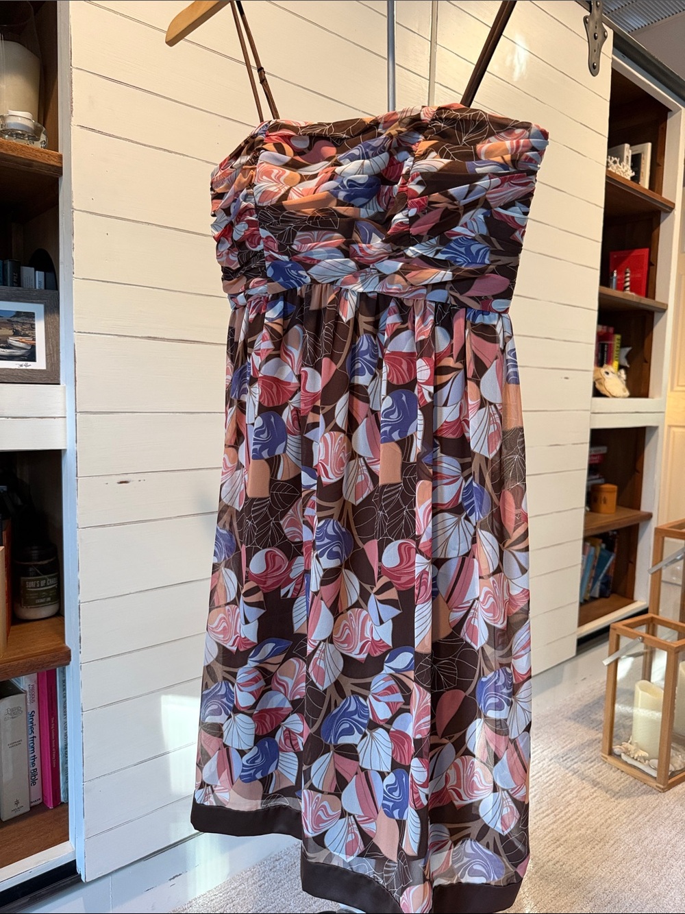 Max & Cleo Brown Floral Strapless Summer Dress with Pink and Purple Accents